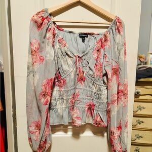 Express Pink Smocked Tie Front Blouse Long Sleeve